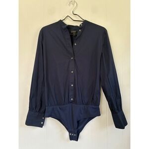 J.Crew Navy Blue Cotton Stretch Button Down Bodysuit Band Collar Size 12